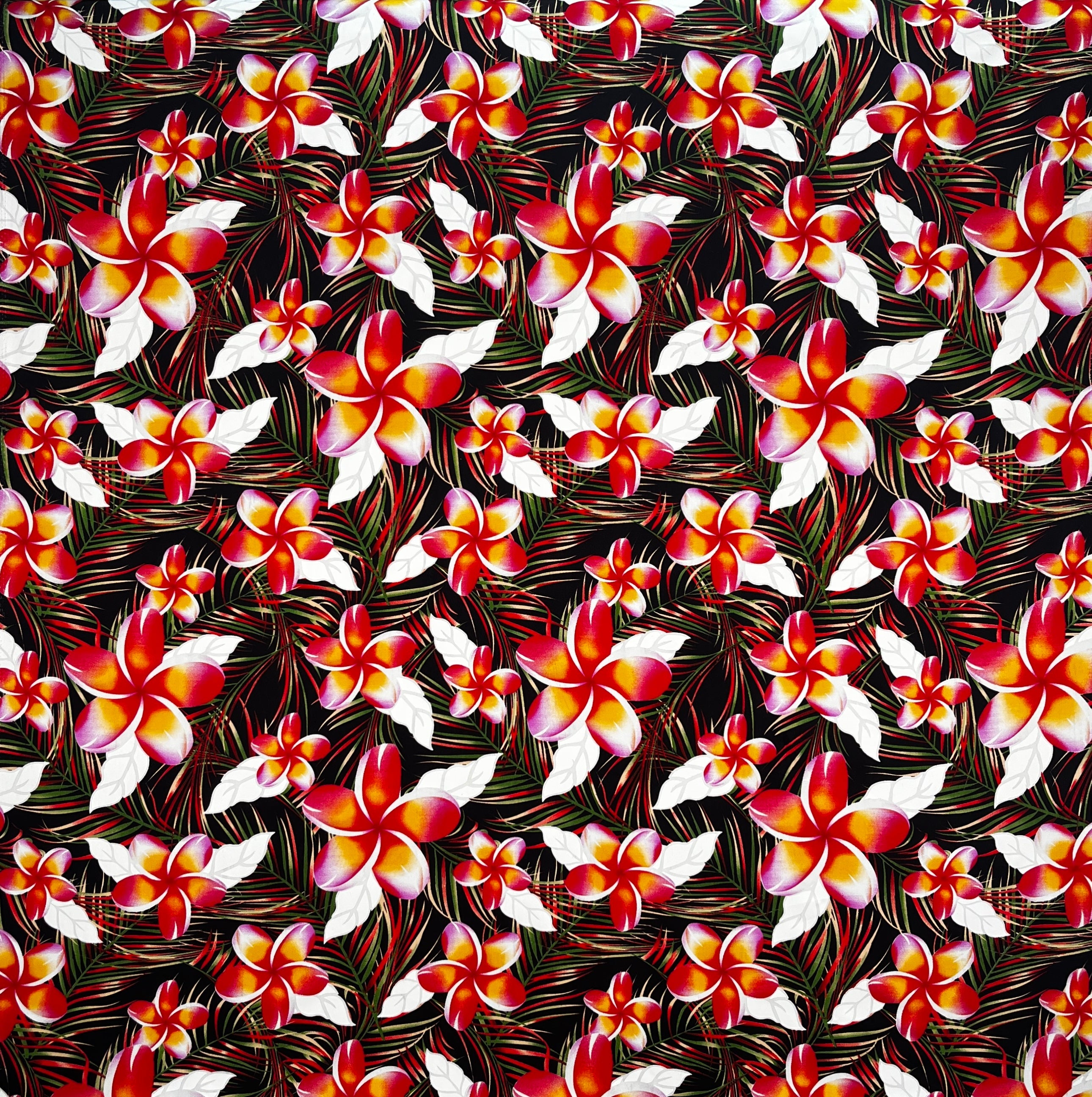 Plumeria & Tropical Leaves Print Fabric | Rayon Poplin | Spandex Palace