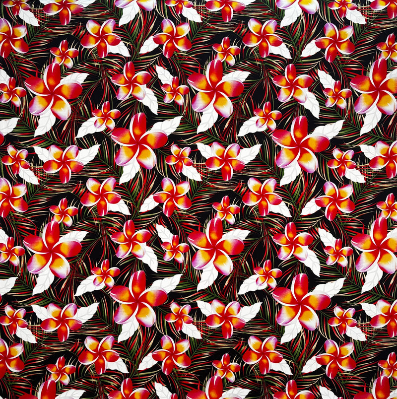 Plumeria & Tropical Leaves Print Fabric | Rayon Poplin | Spandex Palace