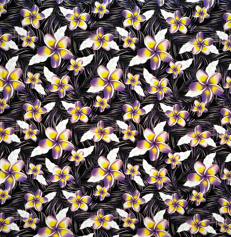 Plumeria & Tropical Leaves Print Fabric | Rayon Poplin | Spandex Palace