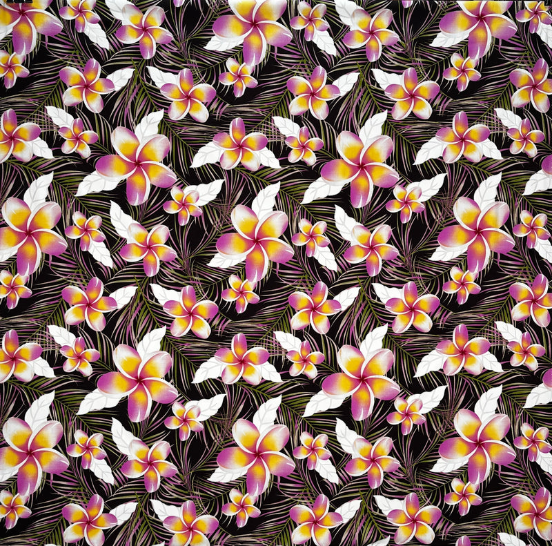 Plumeria & Tropical Leaves Print Fabric | Rayon Poplin | Spandex Palace