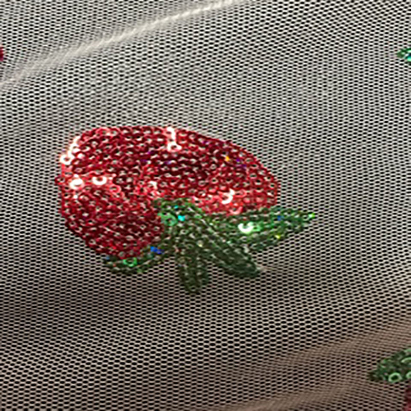 Sequin Strawberry design On Polyester Mesh Fabric | Spandex palace