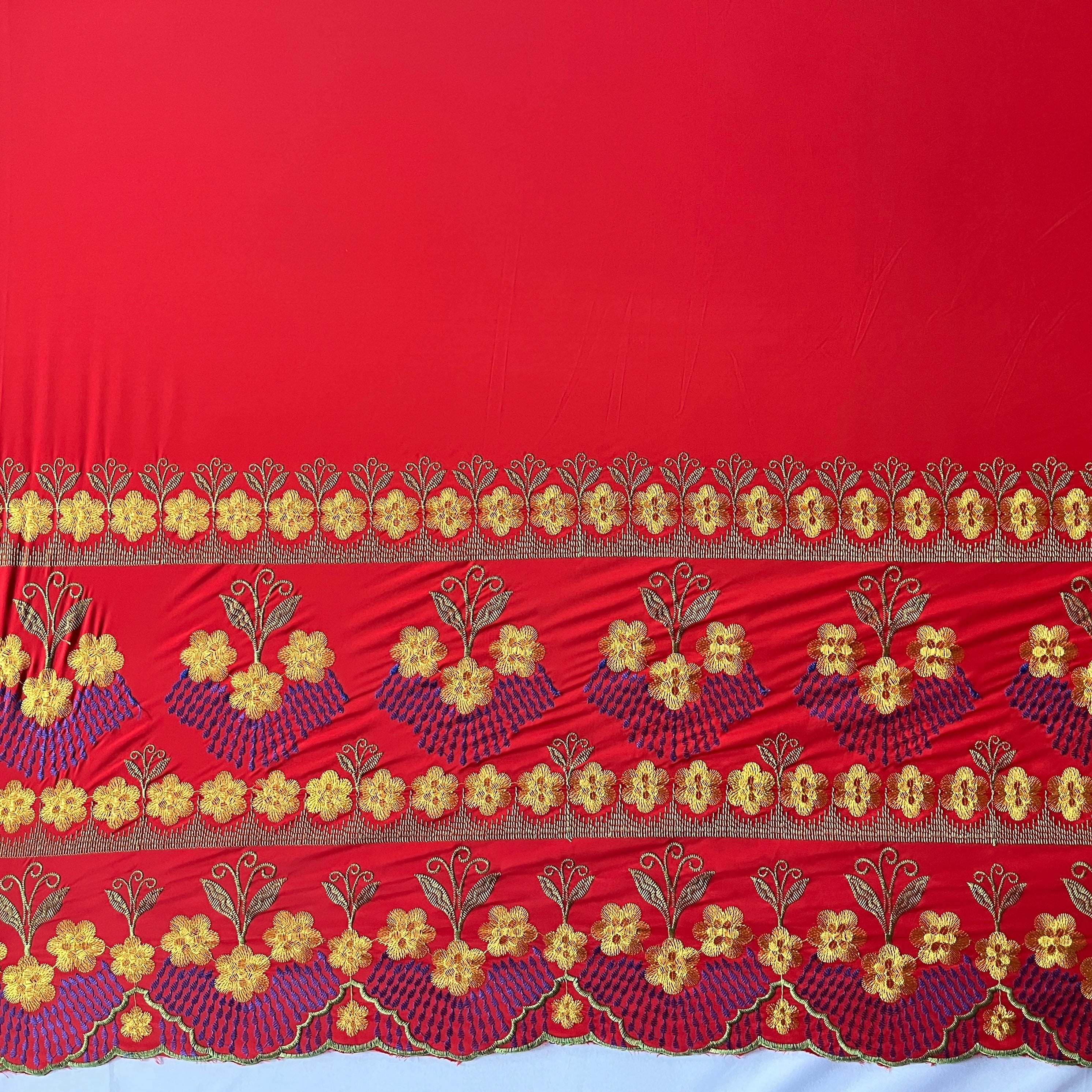 Hibiscus Double Border Embroidered Polyester Fabric| Islands Fabric