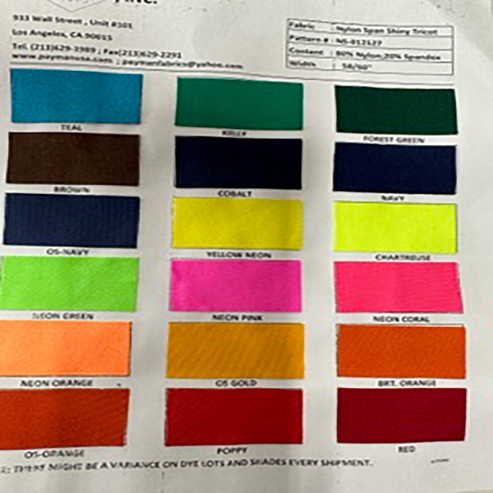 Dynamic Nylon Spandex 4-Way Stretch Shiny Tricot Color Card | Spandex Palace