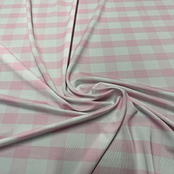 4 Way Stretch Polyester Spandex 1" Gingham Plaid Fabric | Spandex Palace Pink