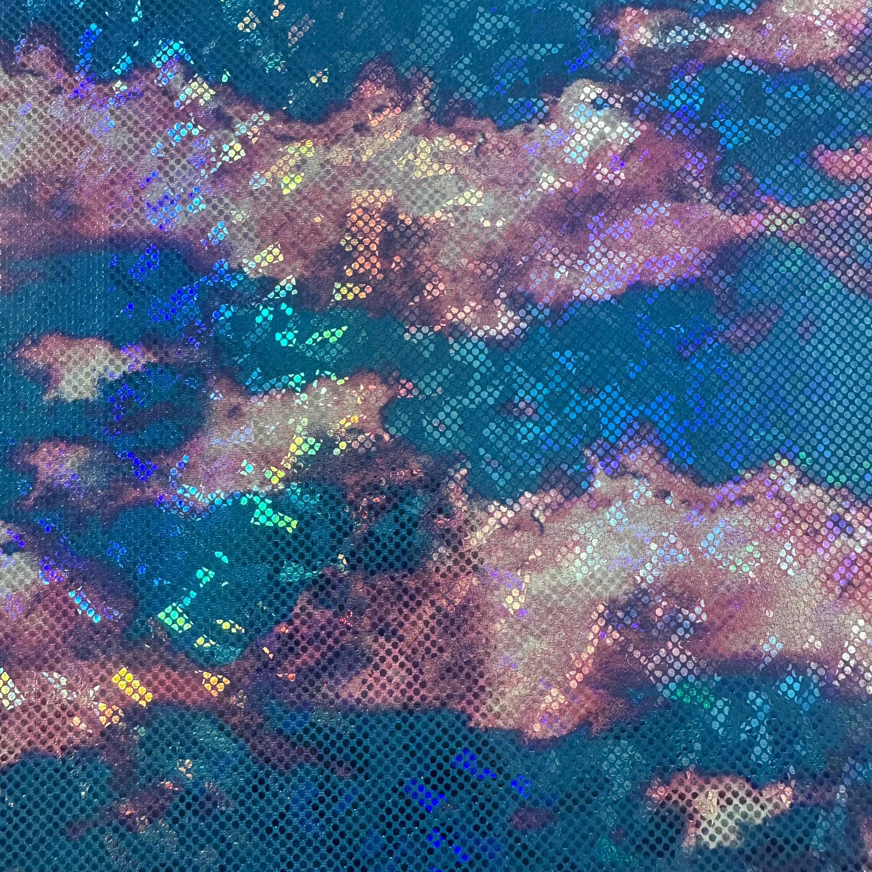 Aurora Light Tye Dye 4 Way Stretch Hologram Foil fabric Turqouise| Spandex Palace