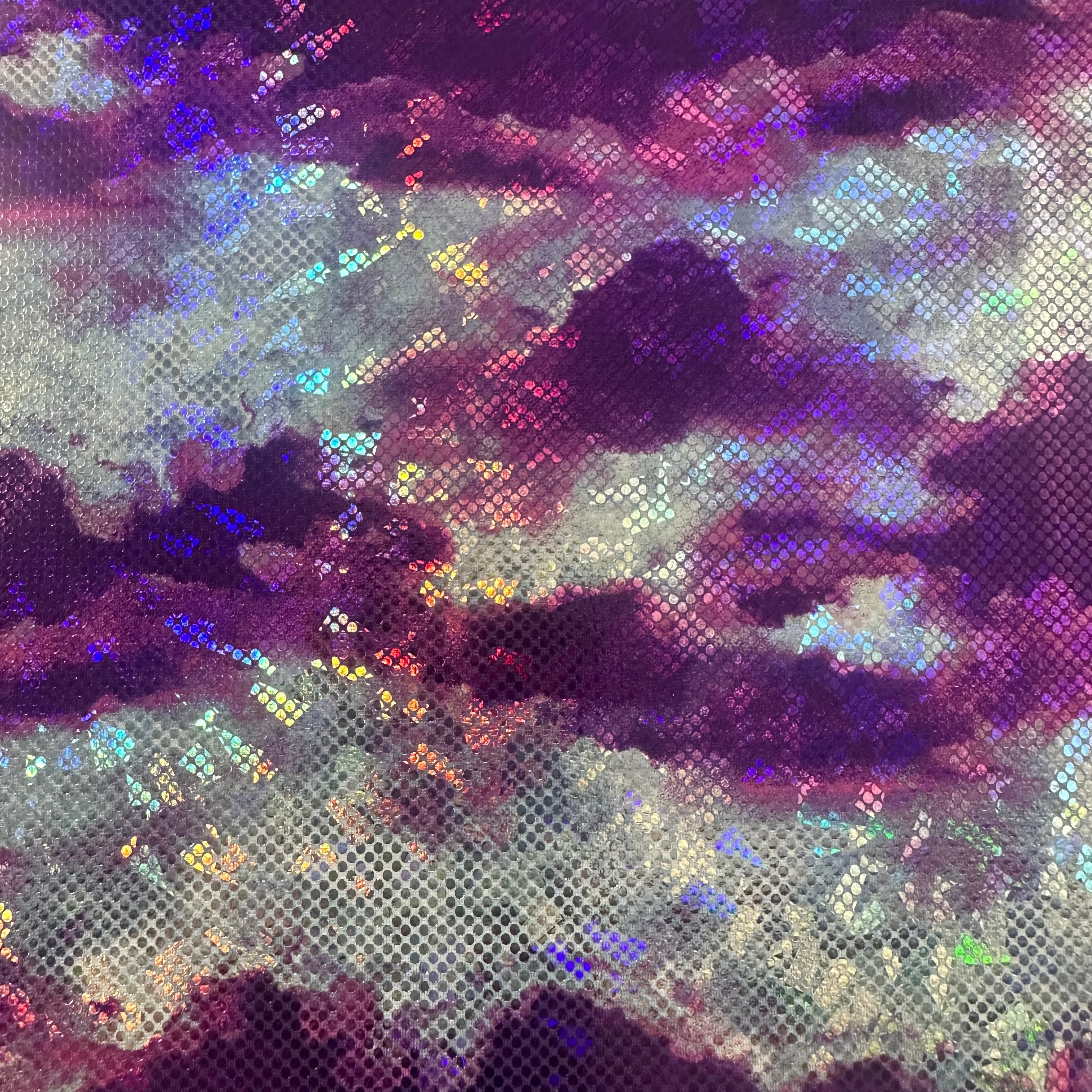 Aurora Light Tye Dye 4 Way Stretch Hologram Foil fabric Purple | Spandex Palace 