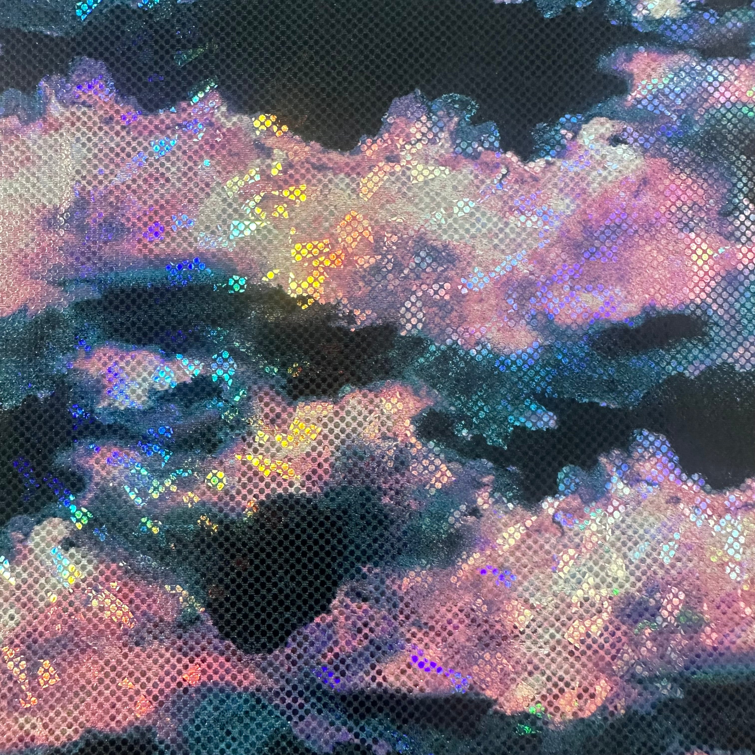 Aurora Light Tye Dye 4 Way Stretch Hologram Foil fabric Navy | Spandex Palace