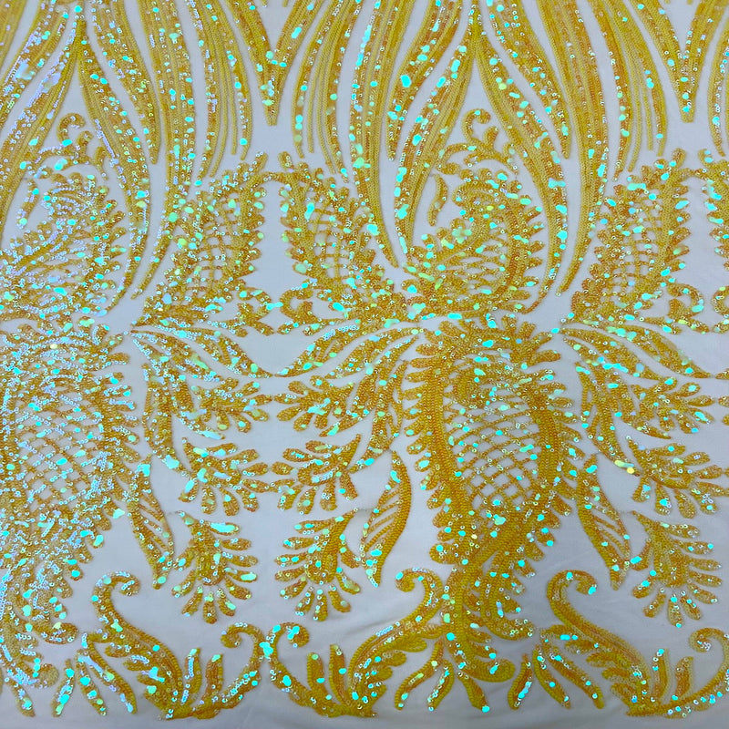 Yellow Iridescent Nebill Stretch Sequins Lace Fabric