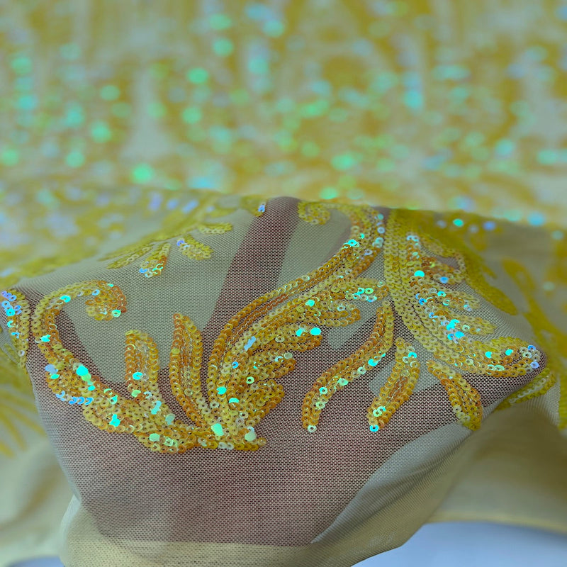 Yellow Iridescent Nebill Stretch Sequins Lace Fabric