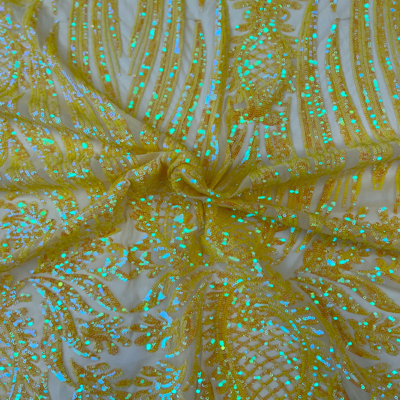 Yellow Iridescent Nebill Stretch Sequins Lace Fabric