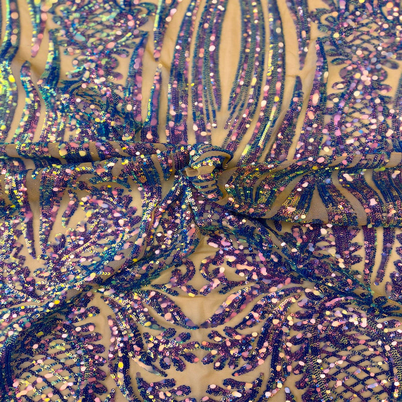 Rainbow Iridescent Nebill Stretch Sequins Lace Fabric