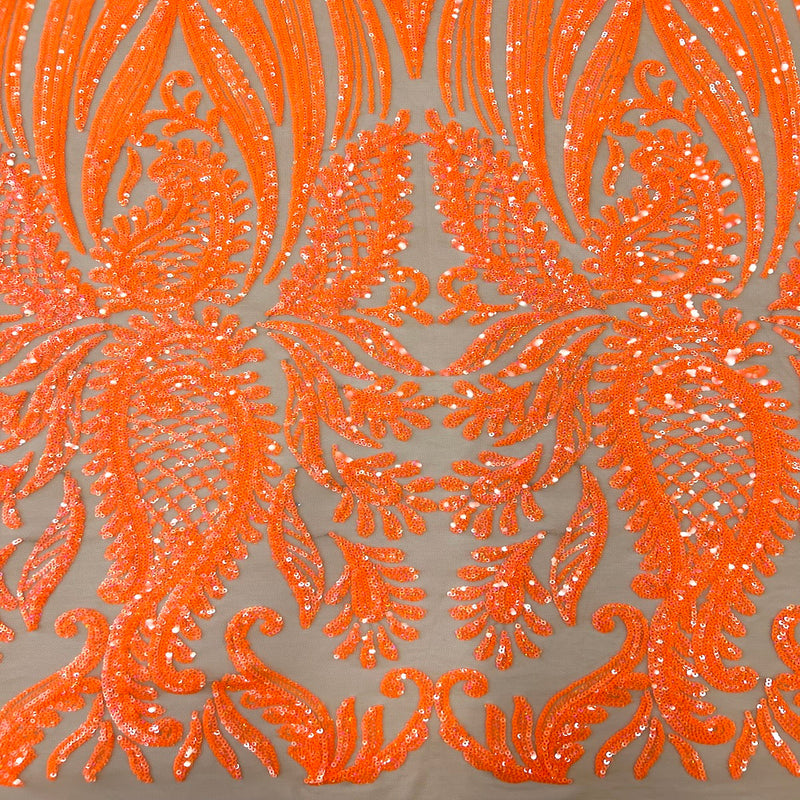 Neon Orange Nebill Stretch Sequins Lace Fabric