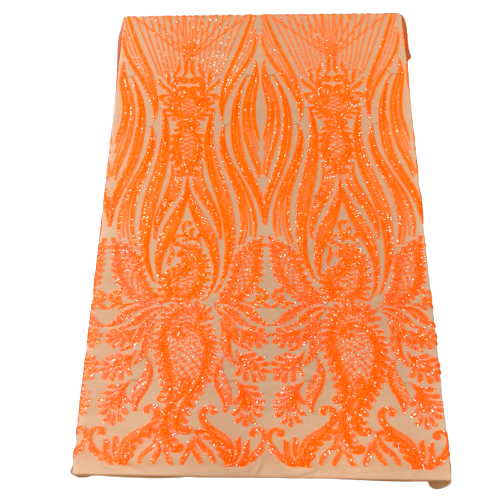 Neon Orange Nebill Stretch Sequins Lace Fabric