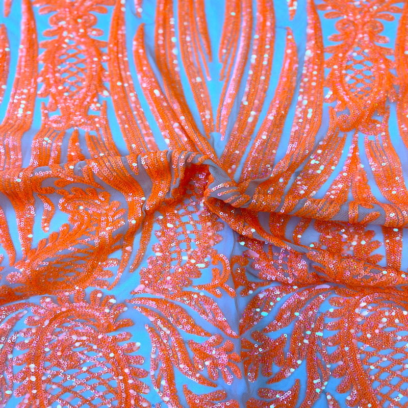 Neon Orange Nebill Stretch Sequins Lace Fabric