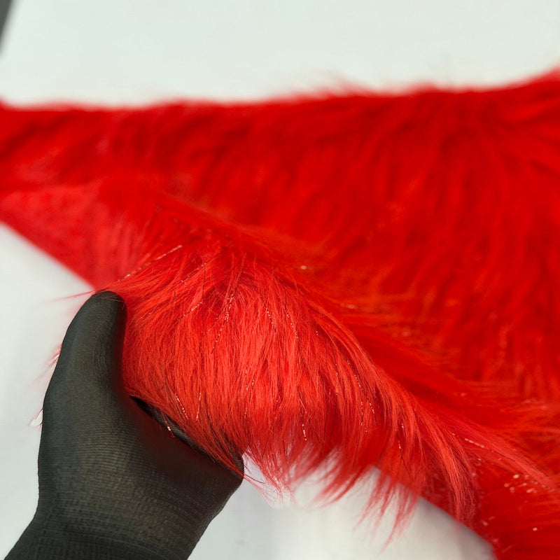 Red Tinsel Sparkle Glitter Long Pile Shaggy Faux Fur Fabric