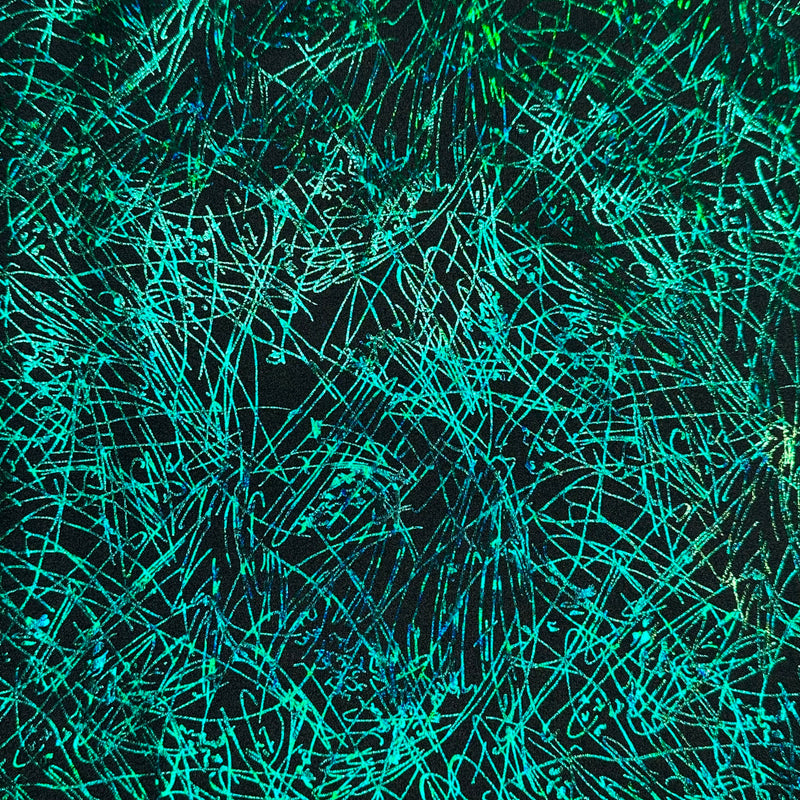 4 Way Stretch Nylon Spandex Fabric  Dancing Splash Hologram | Spandex Palace Black Turquoise