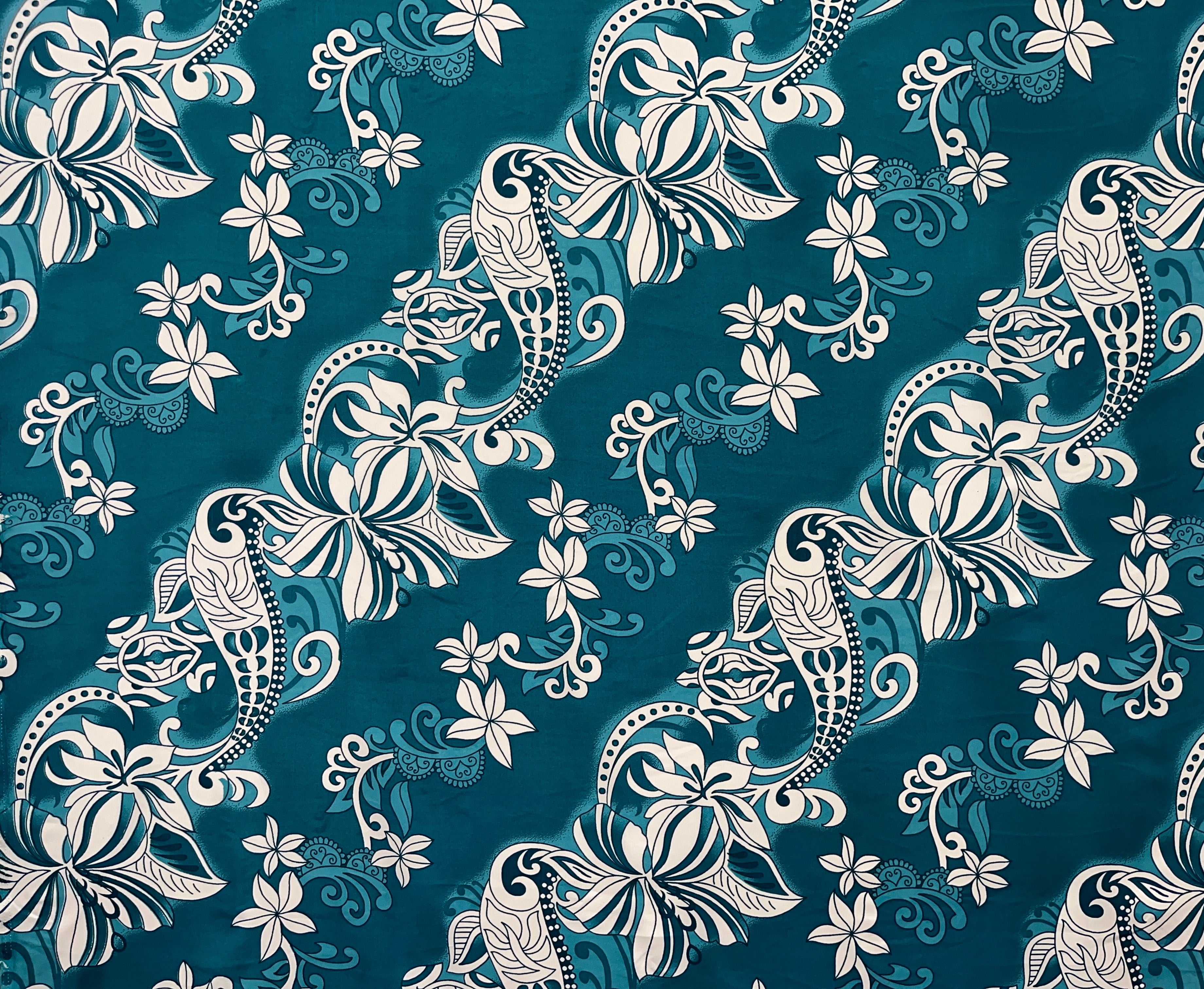 Diagonal Hibiscus Plumeria Sea Turtle Swirl Design Peachskin Fabric| Islands Fabric