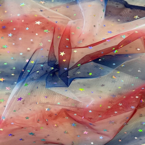 Patriotic Foil Stardust Ombré Mesh Fabric