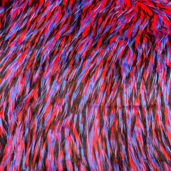 Blue Black Red Three Spike Shaggy Faux Fur Fabric