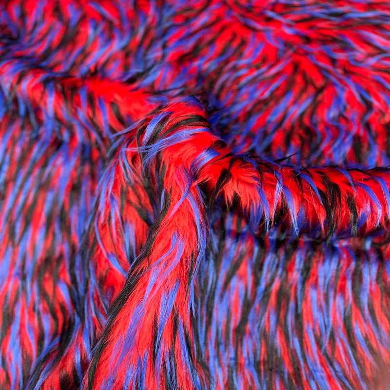 Blue Black Red Three Spike Shaggy Faux Fur Fabric