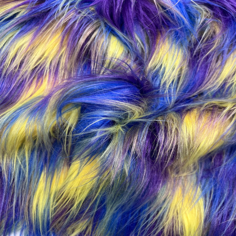 Blue Yellow Purple Three Tone Shaggy Faux Fur Fabric