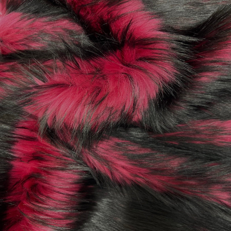 Magenta Pink Black Husky Print Long Pile Shaggy Faux Fur Fabric