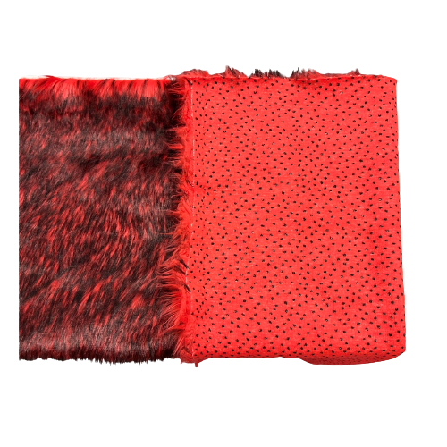 Red Black Husky Print Long Pile Shaggy Faux Fur Fabric