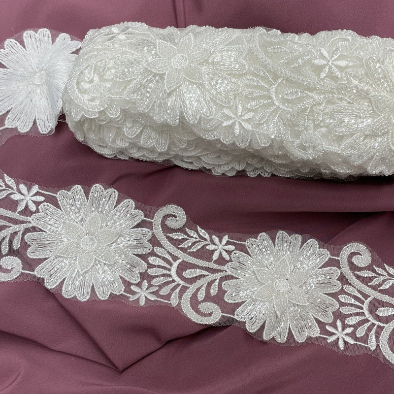 Beaded 3D Floral Lace Trimming Embroidered on 100% Polyester Net Mesh | Lace USA - 73040W-HB