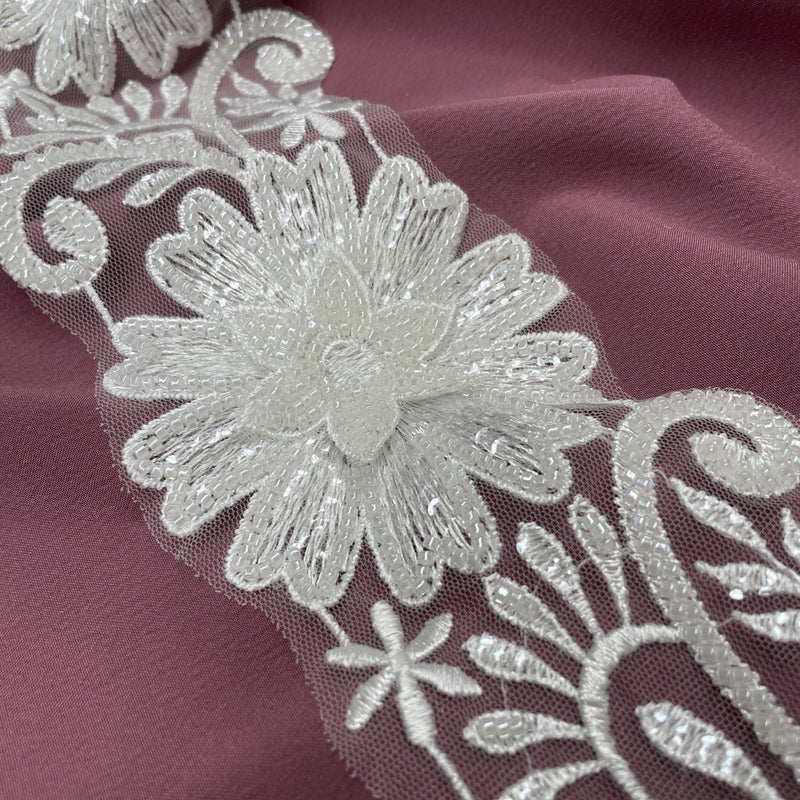 Beaded 3D Floral Lace Trimming Embroidered on 100% Polyester Net Mesh | Lace USA - 73040W-HB