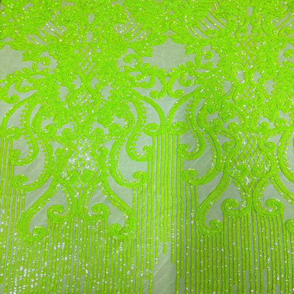 Slime Green Alta Striped Damask Sequins Lace Fabric