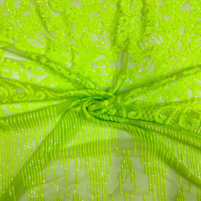 Slime Green Alta Striped Damask Sequins Lace Fabric