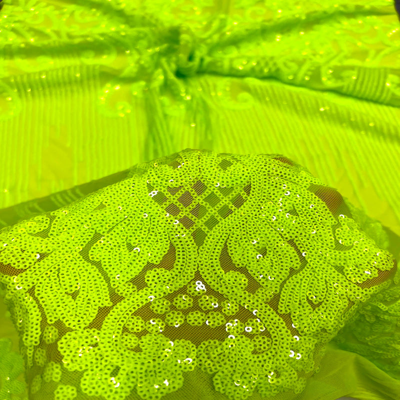 Slime Green Alta Striped Damask Sequins Lace Fabric