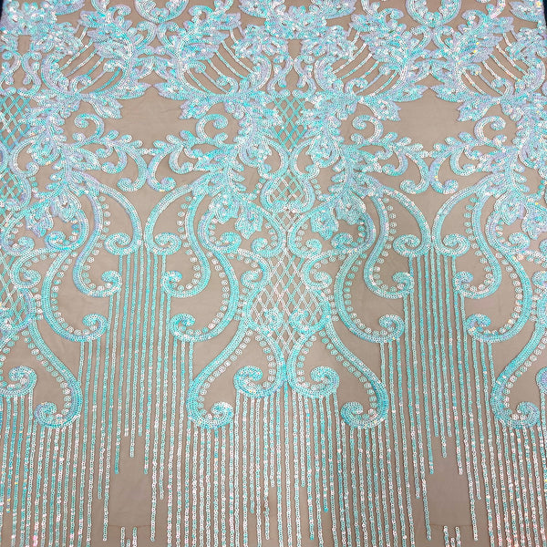 Pearl Blue Iridescent Alta Striped Damask Sequins Lace Fabric