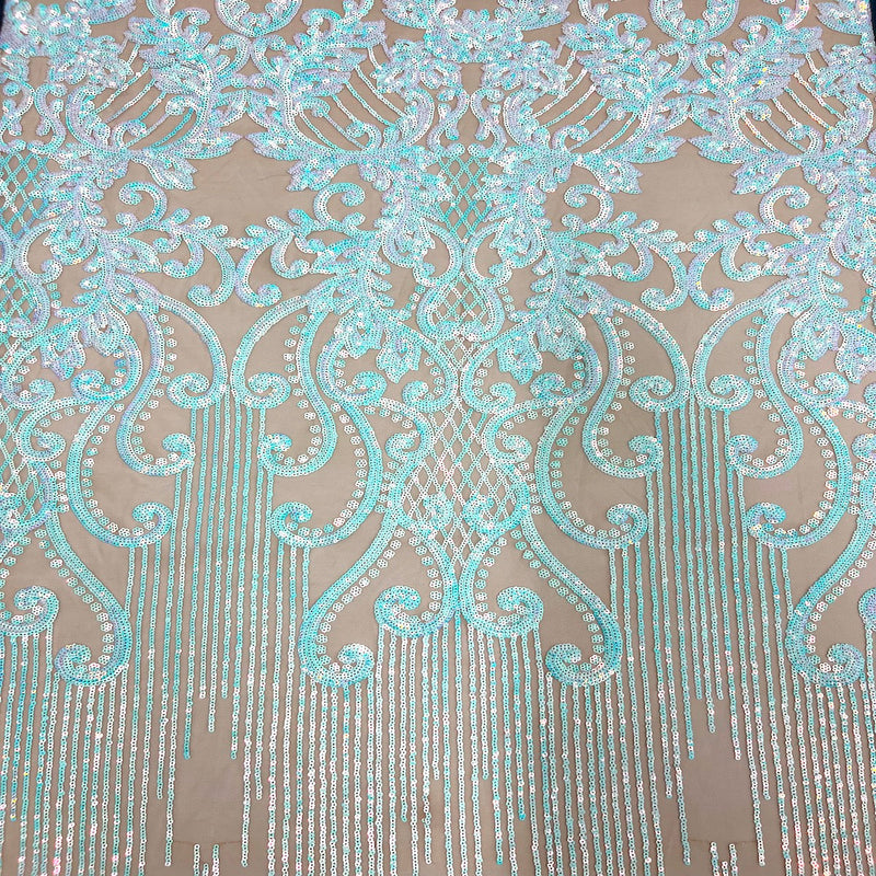 Pearl Blue Iridescent Alta Striped Damask Sequins Lace Fabric