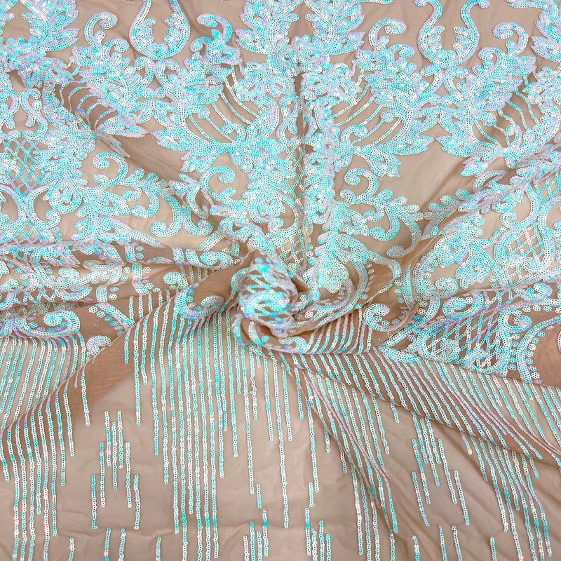 Pearl Blue Iridescent Alta Striped Damask Sequins Lace Fabric