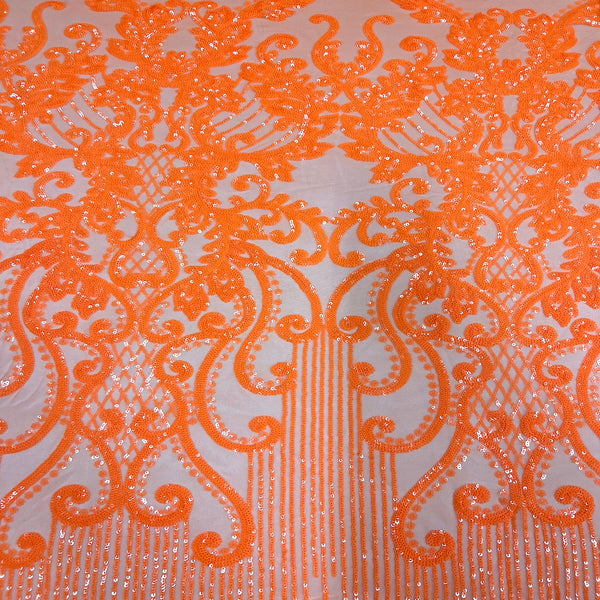 Orange Alta Striped Damask Sequins Lace Fabric