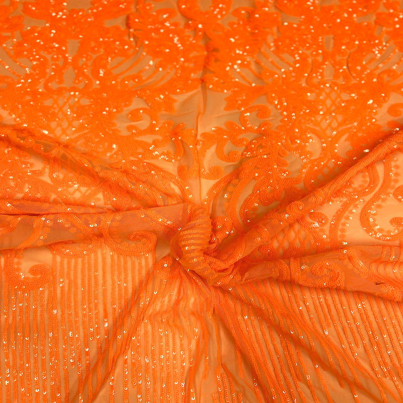 Orange Alta Striped Damask Sequins Lace Fabric