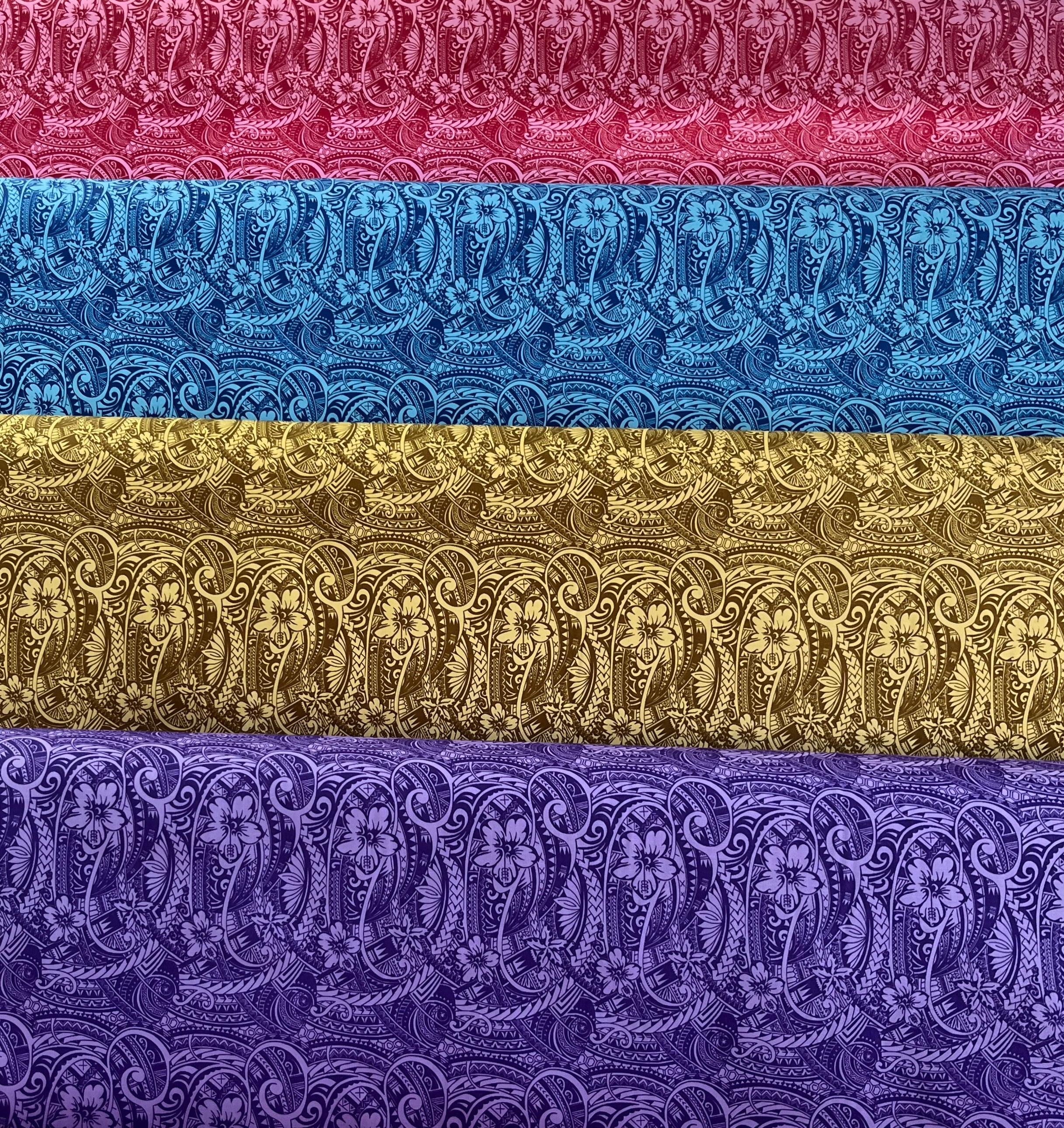 Mini Hibiscus Flowers Traditional Polynesian Tattoo Polyester Fabric | Islands Fabric