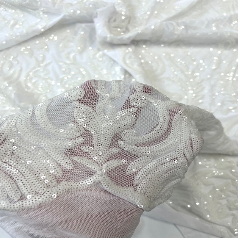 White Luna Stretch Sequins Lace Fabric