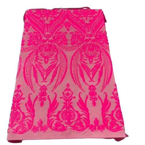 Neon Pink Catina Sequins Lace Fabric