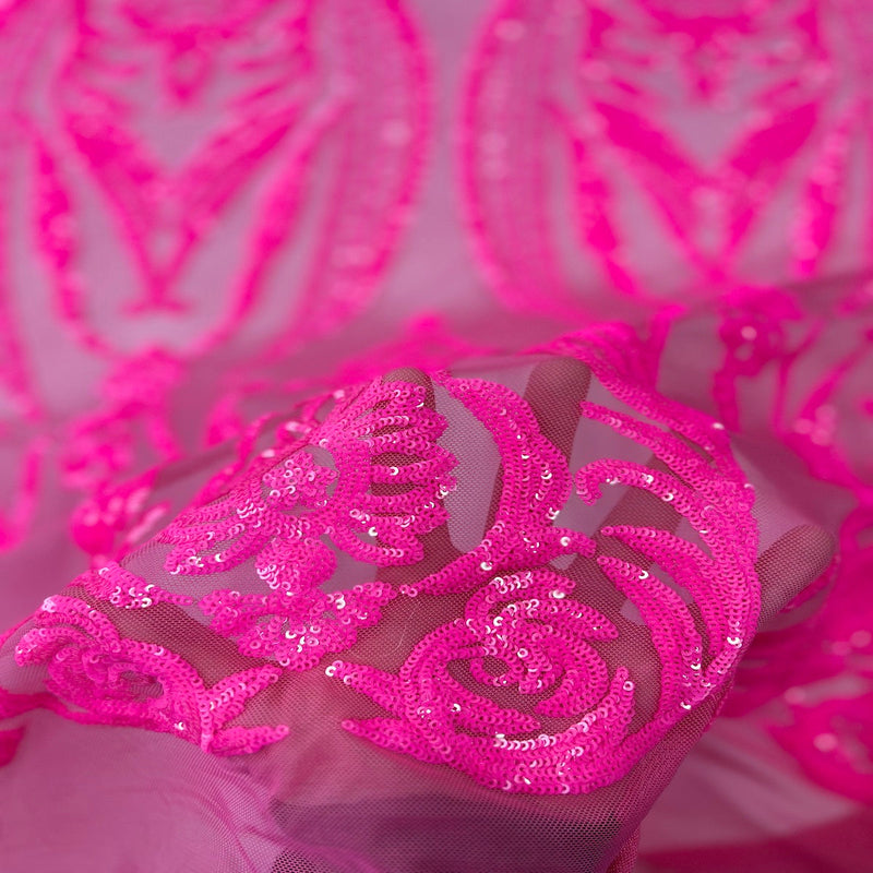 Neon Pink Catina Sequins Lace Fabric