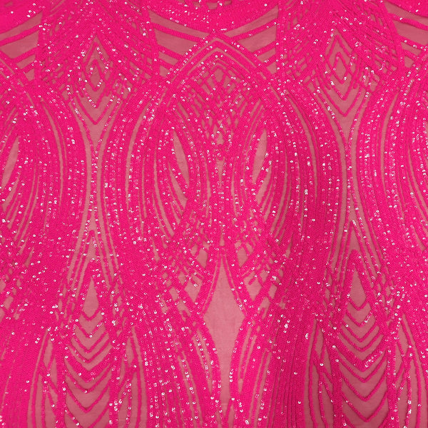 Hot Pink Selena Wave Stretch Sequins Lace Fabric