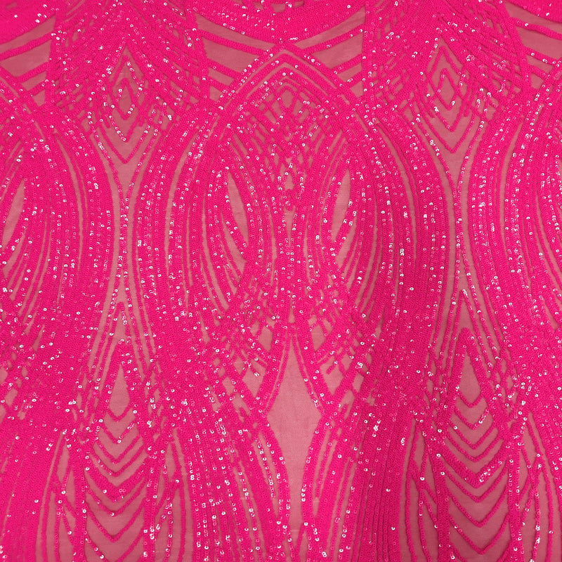 Hot Pink Selena Wave Stretch Sequins Lace Fabric