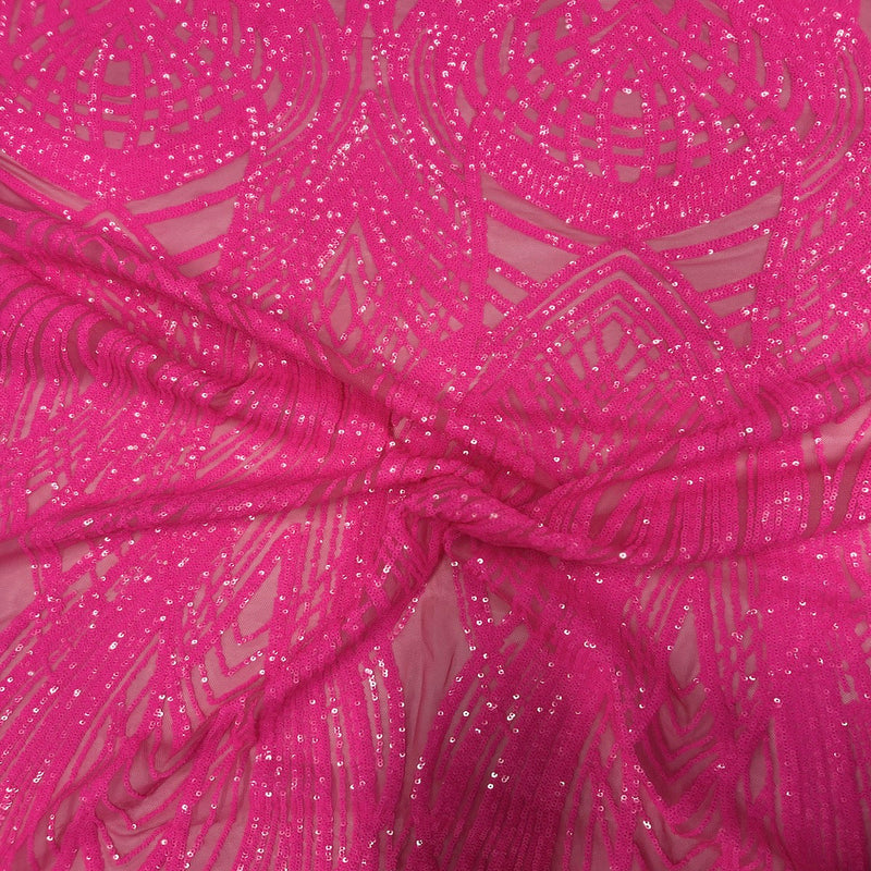 Hot Pink Selena Wave Stretch Sequins Lace Fabric