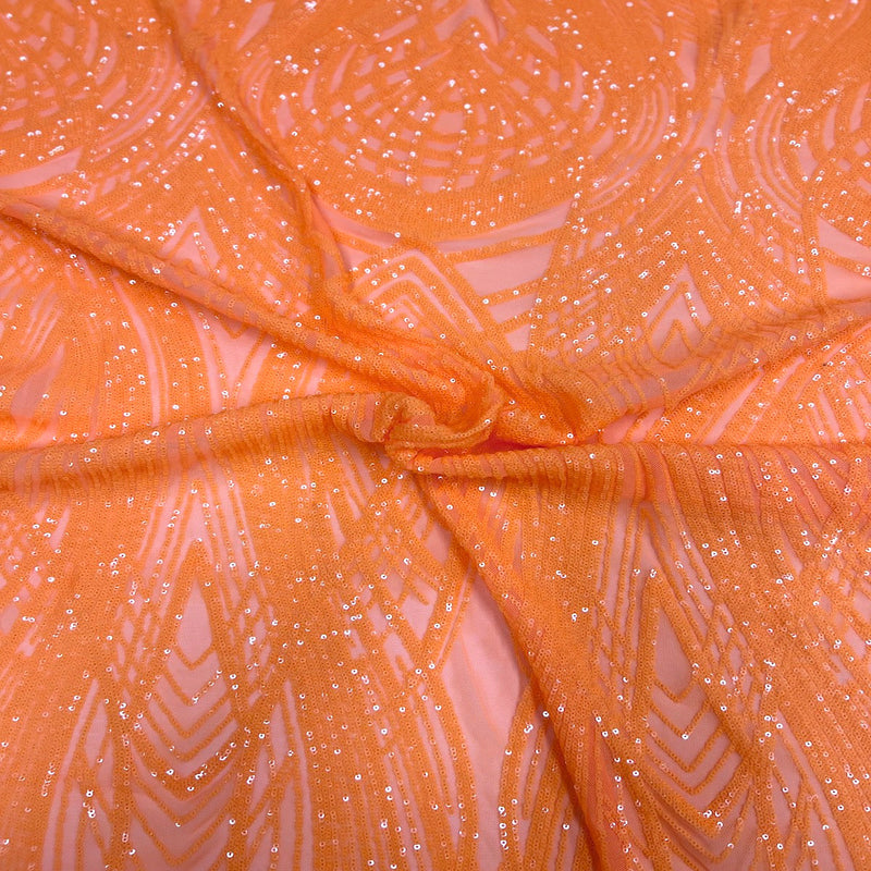 Tangerine Orange Selena Wave Stretch Sequins Lace Fabric