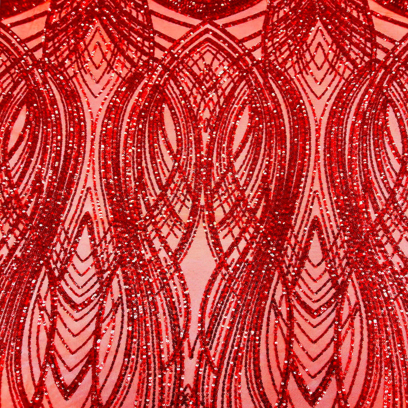 Red Selena Wave Stretch Sequins Lace Fabric