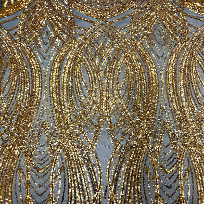 Black | Gold Selena Wave Stretch Sequins Lace Fabric