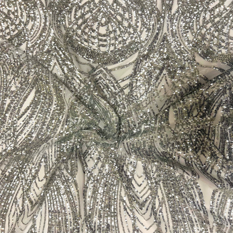 Silver Selena Wave Stretch Sequins Lace Fabric