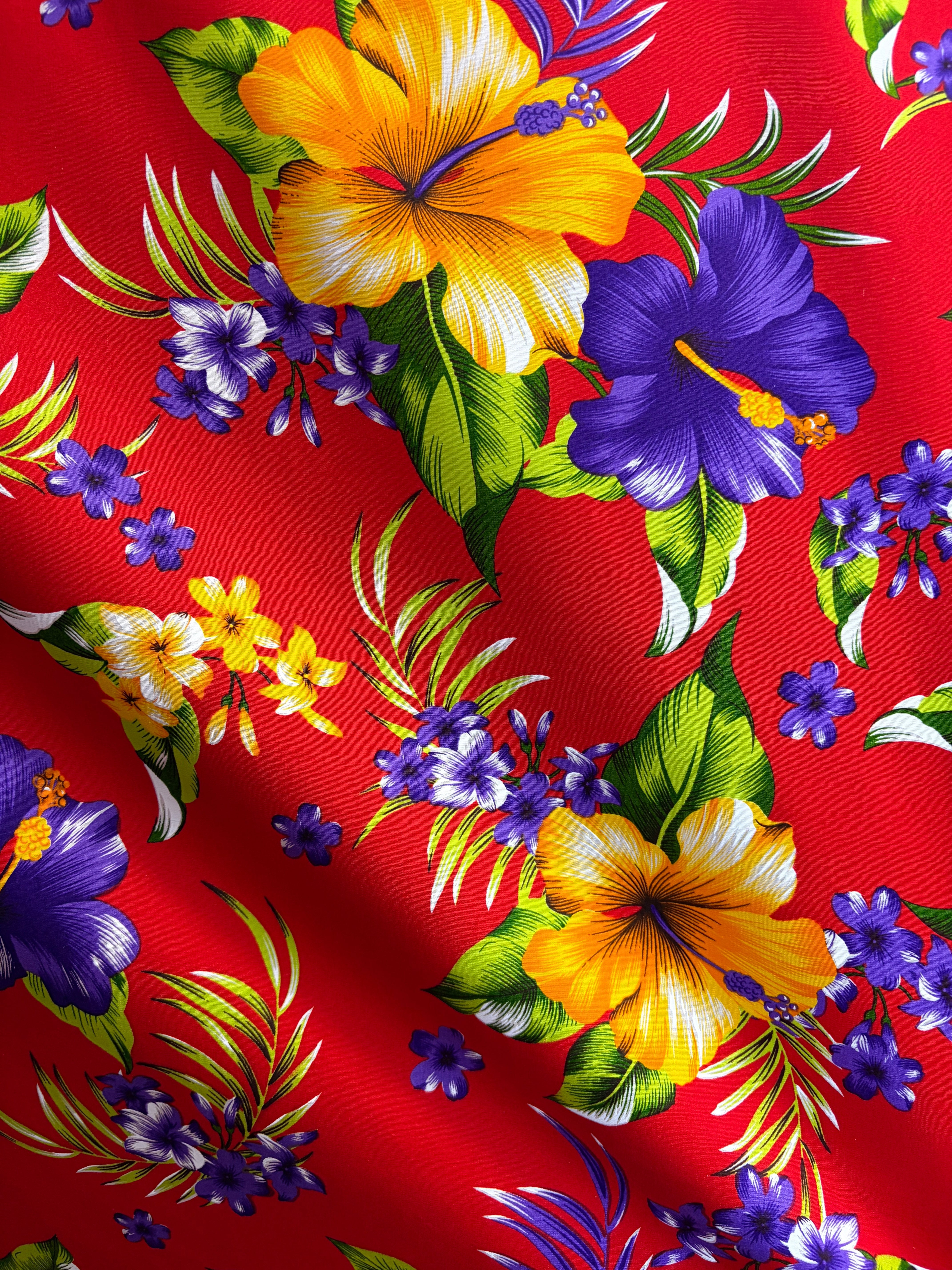Hibiscus Palm Leaves Cluster All Over design Cotton Fabric | Islands Fabric