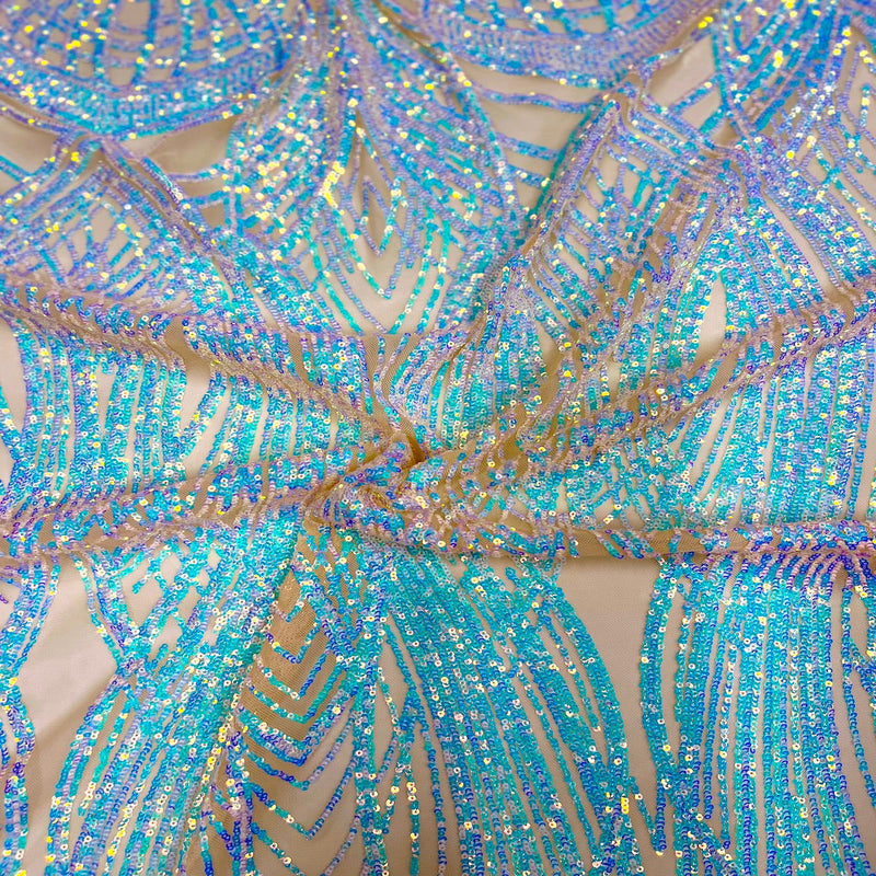 Pearl Blue Iridescent | Light Beige Selena Wave Stretch Sequins Lace Fabric